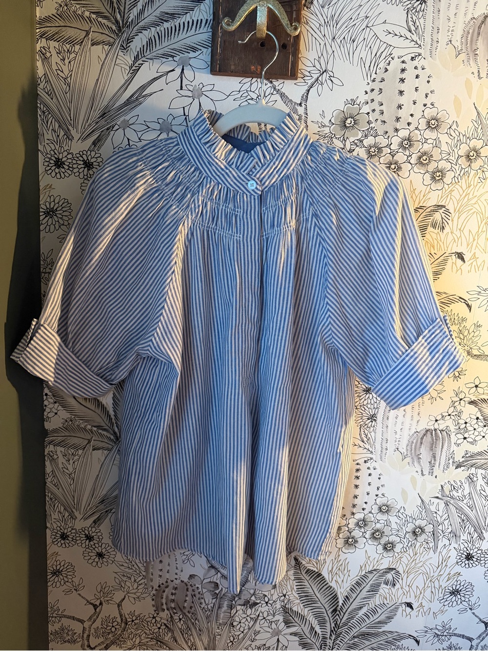 Striped Blue Smocked-Yoke Blouse with Stand Collar NWOT